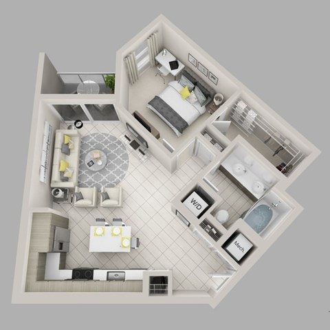 Floor plan for 1 bed, 1 bath, 744 sqft